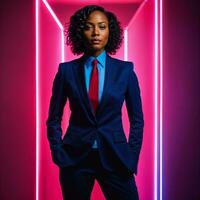 foto do inteligente africano mulher com o negócio terno às néon confuso vermelho e azul luz sci fi fundo, generativo ai