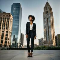 foto do inteligente africano mulher com Preto o negócio terno às grande moderno cidade, generativo ai