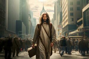 Jesus é em pé dentro uma faixa de pedestre com uma táxi foto