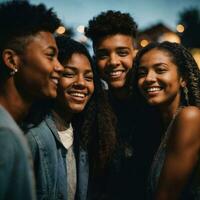 grupo do feliz jovem Adolescência às a noite festa, generativo ai foto