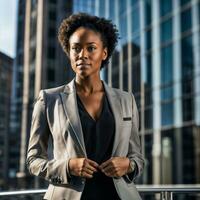 foto do inteligente africano mulher com Preto o negócio terno às grande moderno cidade, generativo ai