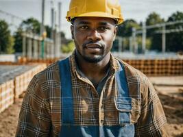 foto do africano Preto homem Como uma construção trabalhador com capacete, generativo ai