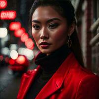 foto do mulher dentro vermelho pano às rua noite com luz, generativo ai