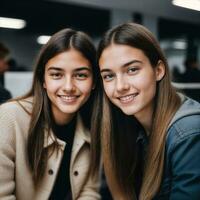 casal do feliz jovem Adolescência às a trabalhando escritório espaço, generativo ai foto