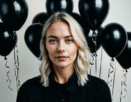 foto do lindo europeu mulher com Loiras cabelo cor dentro Preto e branco balões dentro fundo, generativo ai