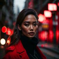 foto do mulher dentro vermelho pano às rua noite com luz, generativo ai