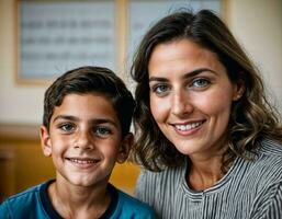 foto do feliz professor e crianças às escola sala, generativo ai