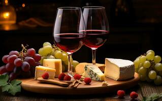 vinho, queijos e uvas dentro uma vintage configurar. criada com generativo ai foto