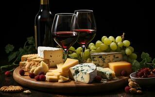 vinho, queijos e uvas dentro uma vintage configurar. criada com generativo ai foto