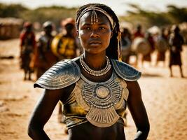 foto do africano mulher tribal guerreiros com armaduras, generativo ai