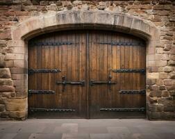 de madeira portas característica do uma medieval castelo. ai gerado foto