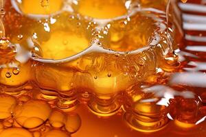 macro detalhado dourado querida e favos de mel. líquido pegajoso textura. natural produtos fundo. ai gerado foto