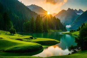 lindo verde montanha e rio gerado ai foto