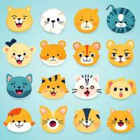 conjunto do animal rostos, face emojis, adesivos, emoticons, desenhos animados engraçado mascote personagens face definir, generativo ai ilustração foto