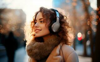 mulher ouvindo música com fones de ouvido em a rua. inverno roupas. ai gerado foto