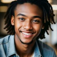 retrato fechar acima do feliz jovem Adolescência às a trabalhando escritório espaço, generativo ai foto