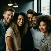 grupo do feliz trabalhando pessoas às a escritório, generativo ai foto