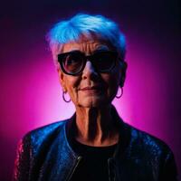 foto do meio envelhecido velho mulher com com misturado Rosa e azul néon luz, generativo ai
