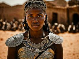foto do africano mulher tribal guerreiros com armaduras, generativo ai