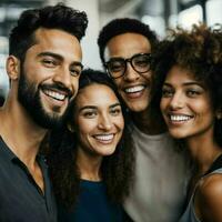 grupo do feliz trabalhando pessoas às a escritório, generativo ai foto