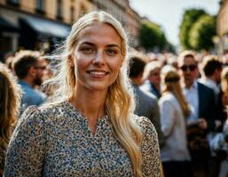 foto do lindo mulher às parada rua dentro Europa país, generativo ai