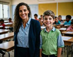 foto do feliz professor e crianças às escola sala, generativo ai