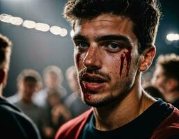 foto grupo do raiva Bravo Adolescência Faculdade Garoto brigando a de outros com ferida em face, generativo ai