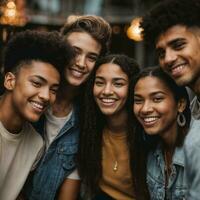 grupo do feliz jovem Adolescência às a noite festa, generativo ai foto