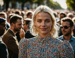 foto do lindo mulher às parada rua dentro Europa país, generativo ai