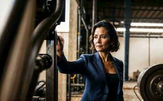 foto do trabalhando empreendedor mulher às fábrica com máquina e trabalhador, generativo ai