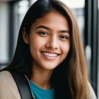 retrato fechar acima do feliz jovem Adolescência às a trabalhando escritório espaço, generativo ai foto