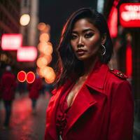 foto do mulher dentro vermelho pano às rua noite com luz, generativo ai