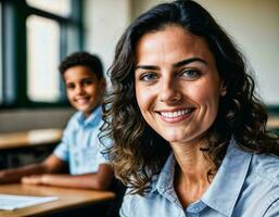 foto do feliz professor e crianças às escola sala, generativo ai