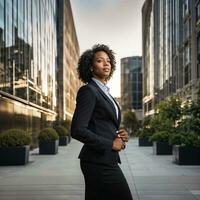 foto do inteligente africano mulher com Preto o negócio terno às grande moderno cidade, generativo ai