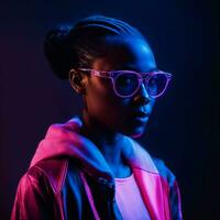 foto do lindo africano mulher com com misturado Rosa e azul néon luz, generativo ai