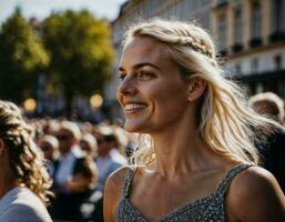 foto do lindo mulher às parada rua dentro Europa país, generativo ai