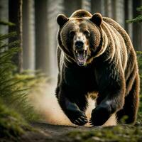 foto do grande Bravo grisalho Urso corrida dentro a selva, generativo ai