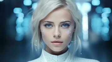 fictício retrato do uma ficção científica cyberpunk garota. alta tecnologia futurista mulher a partir de a futuro. a conceito do virtual realidade e cyberpunk. 3d renderizar. 3d ilustração foto
