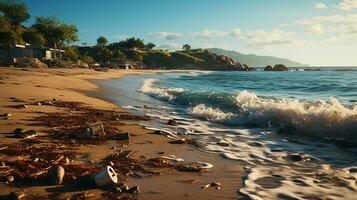 foto-realista do sujo de praia às tarde com tão Muito de lixo ai gerado foto