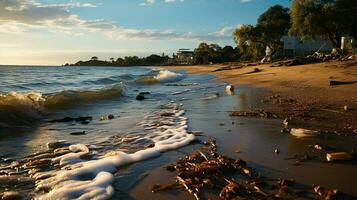 foto-realista do sujo de praia às tarde com tão Muito de lixo ai gerado foto