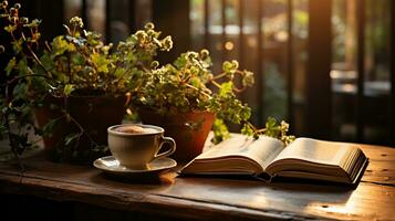 uma copo do café com livro e caneta em a de madeira mesa ai gerado foto