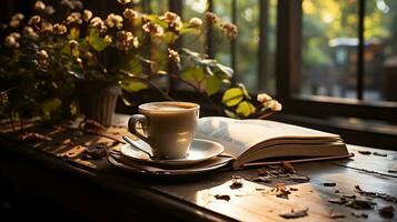 uma copo do café com livro e caneta em a de madeira mesa ai gerado foto