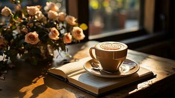 uma copo do café com livro e caneta em a de madeira mesa ai gerado foto