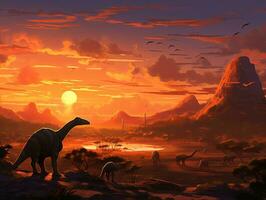 uma sereno pré-histórico pôr do sol, majestoso dinossauros em a simples. Claro silhuetas contra a colorida céu foto