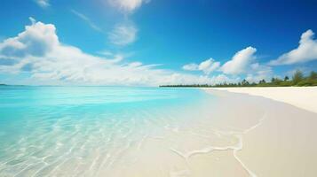 lindo de praia com branco areia, azul céu e pequeno ondas ai generativo foto