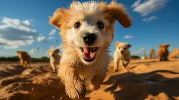 alegre cachorro hora de brincar fofa filhotes tendo Diversão dentro animado interação, generativo ai foto