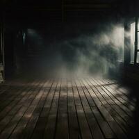 desfocado fundo do névoa dentro escuridão, fumaça, e névoa em uma de madeira chão. abstrato e temperamental dia das Bruxas pano de fundo. generativo ai foto
