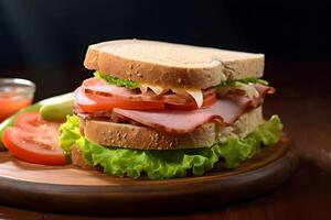 fechar-se sanduíche Bolonha molho com tomate fatiar, alface , pão, fatiado carne ai generativo imagem foto
