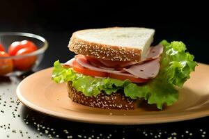 fechar-se sanduíche Bolonha molho com tomate fatiar, alface , pão, fatiado carne ai generativo imagem foto