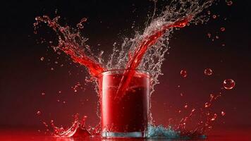 vidro do vermelho espumante água com salpicos e gotas em uma Sombrio fundo ai gerado foto